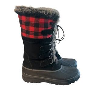 Lands’ End Insulated Winter Snow Boots Women’s 9.5 Red Black Plaid Faux-Fur Trim